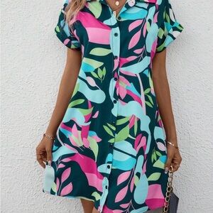 SHEIN Pink and Blue Notched Collar Mini Sundress